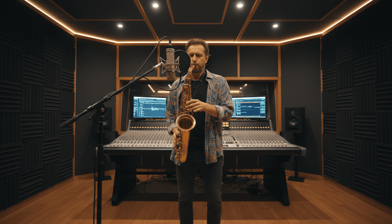 Musician recording saxophone in a professional recording studio