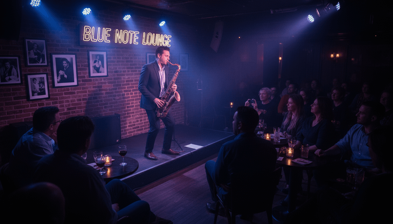 Saxophonist performing in an intimate venue with moody lighting